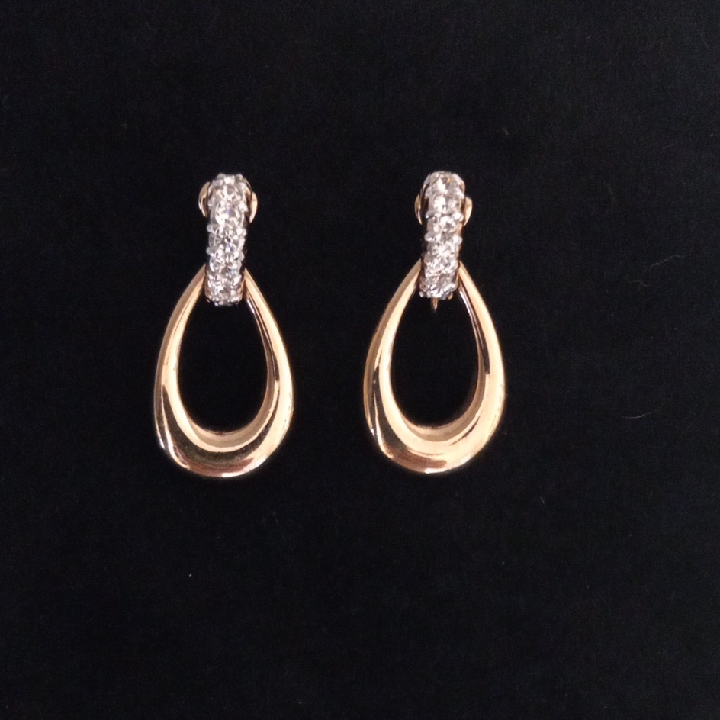 Vintage Panetta Gold Tone Teardrop Hoop Earrings W/ Crystal Accents Signed